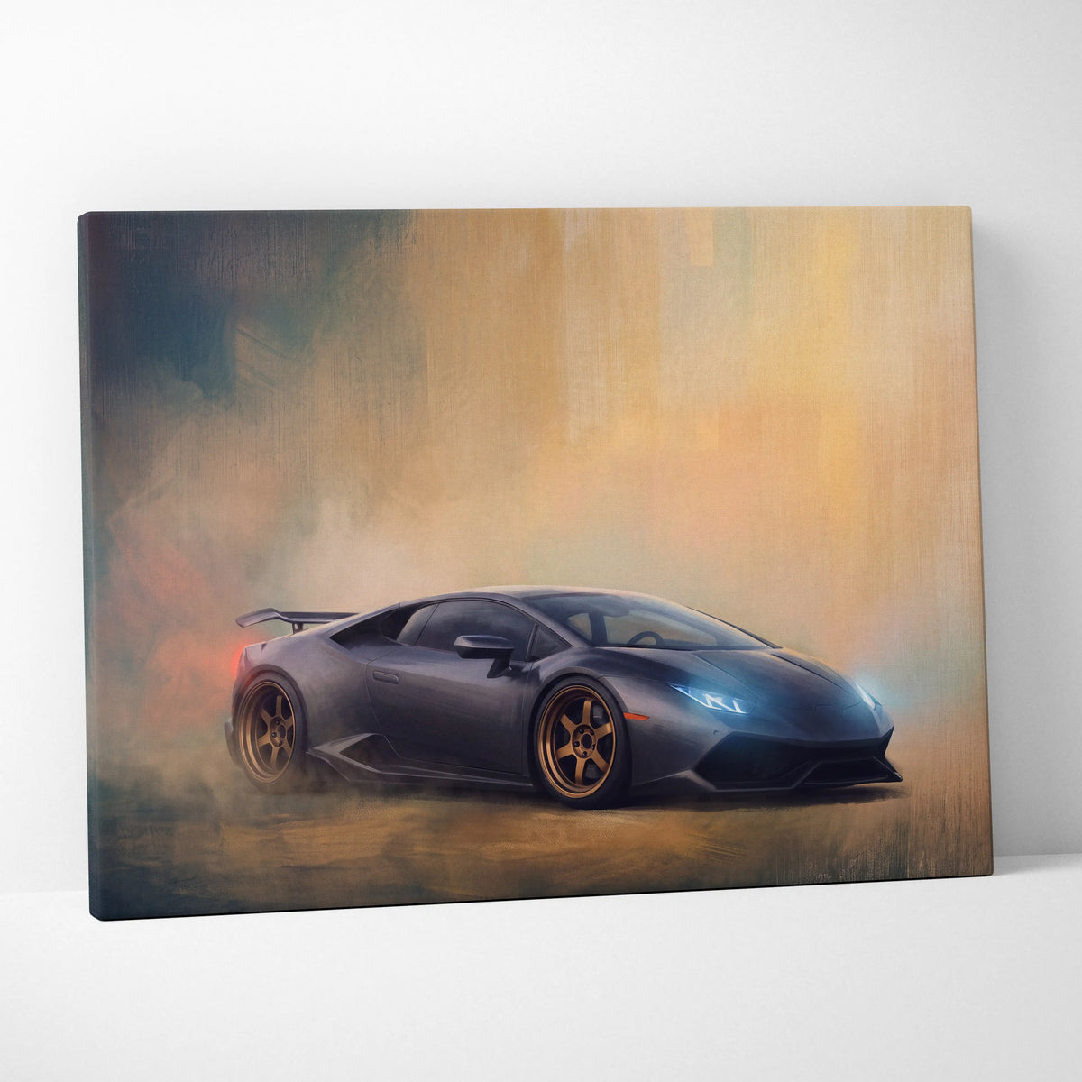 A sleek matte black lamborghini huracán sports car on a dynamic smoky canvas art print for custom wall decor
