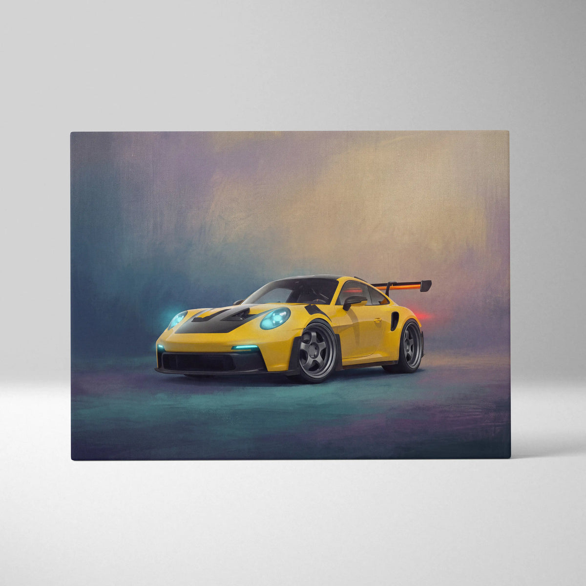 Vibrant yellow porsche 911 gt3 rs inspired canvas art with black racing stripes and glowing blue headlights premium wall decor