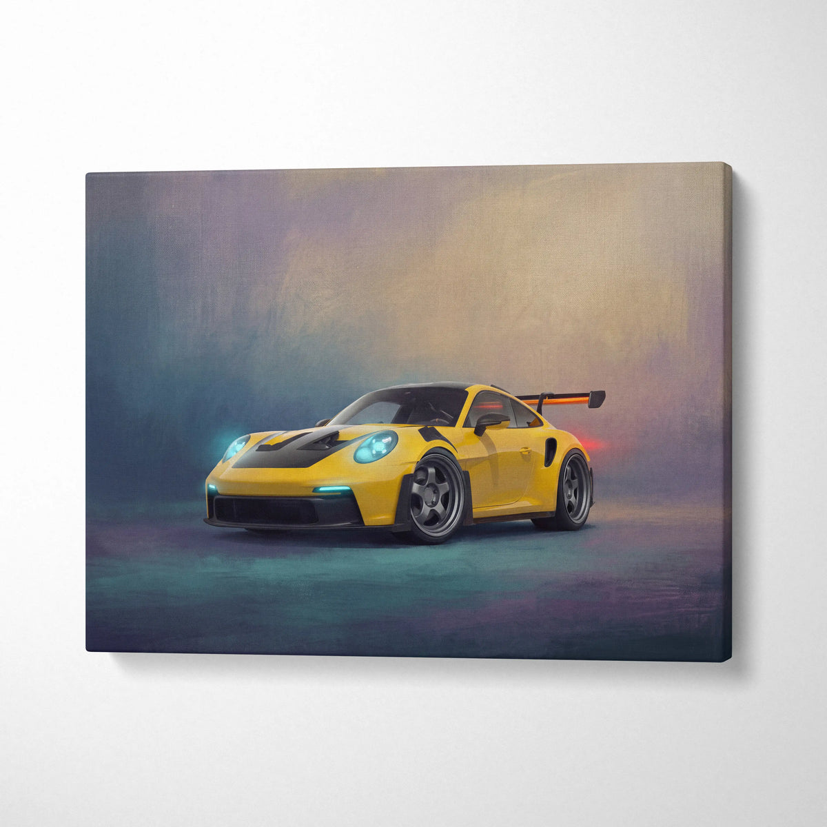 Vibrant yellow Porsche 911 GT3 RS canvas art with black racing stripes and glowing blue headlights for wall decor