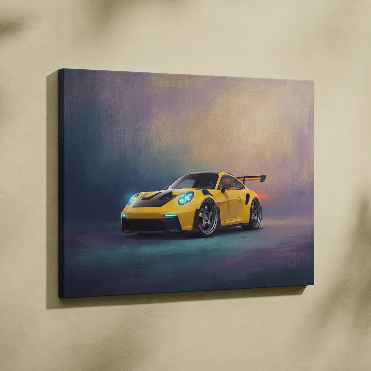 Yellow Porsche 911 GT3 RS sports car canvas print with glowing blue headlights and black rear wing for wall decor