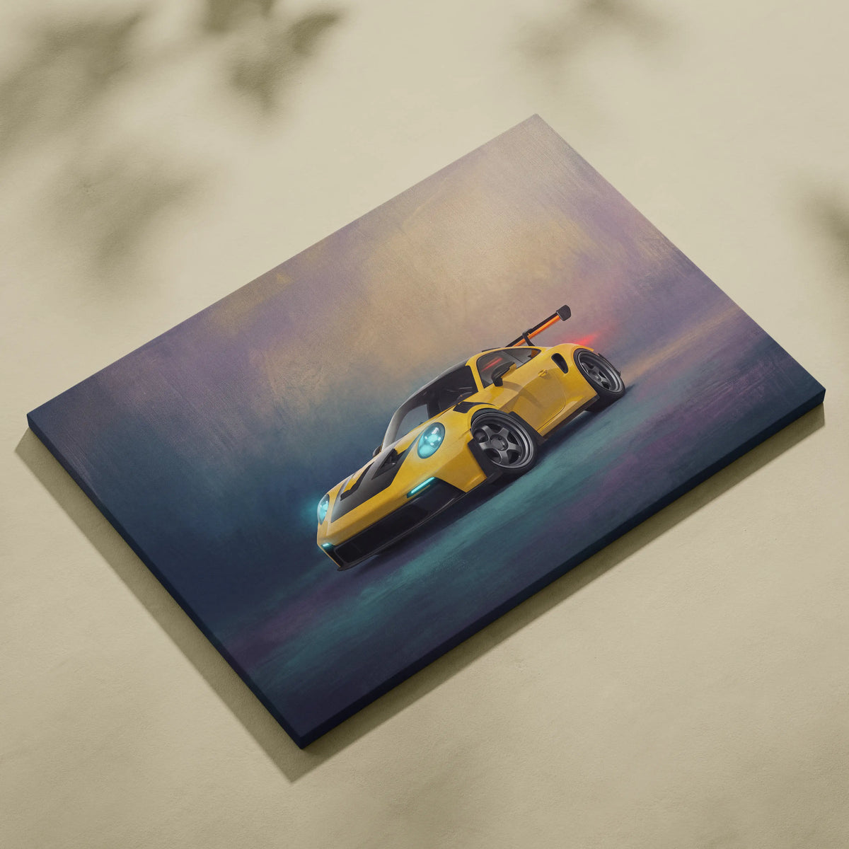 Porsche 911 GT3 RS inspired canvas art featuring a vibrant yellow sports car in a dynamic stylized painting on stretched canvas