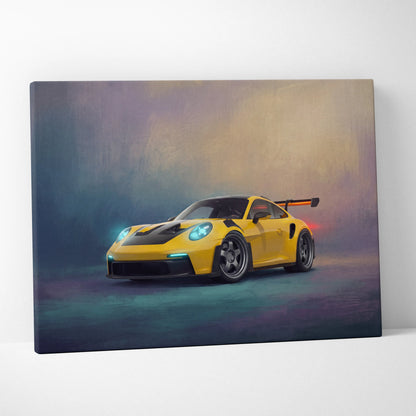 Vibrant yellow porsche 911 gt3 rs canvas art with black stripes and glowing blue headlights premium wall decor