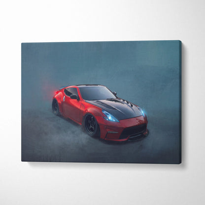 Red and black nissan 370z canvas art with glowing blue headlights showcasing widebody luxury performance vehicle decor