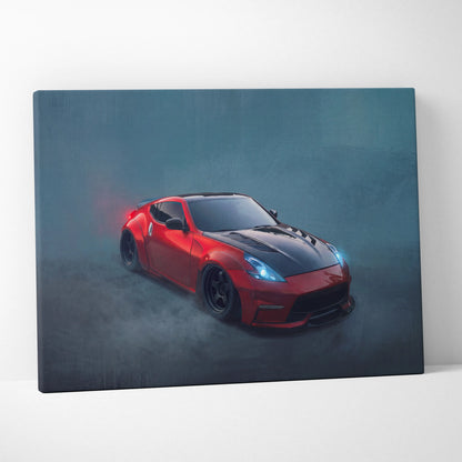Nissan 370Z inspired canvas art featuring a red and black widebody sports car with glowing blue headlights for wall decor