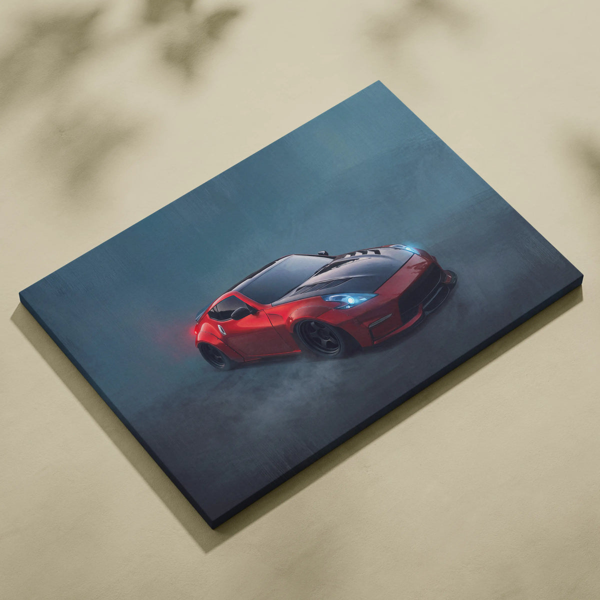 Nissan 370z inspired red sports car illustration on dark canvas widebody luxury performance vehicle wall decor