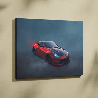 Red and black nissan 370z sports car painting on canvas featuring widebody luxury performance vehicle wall decor
