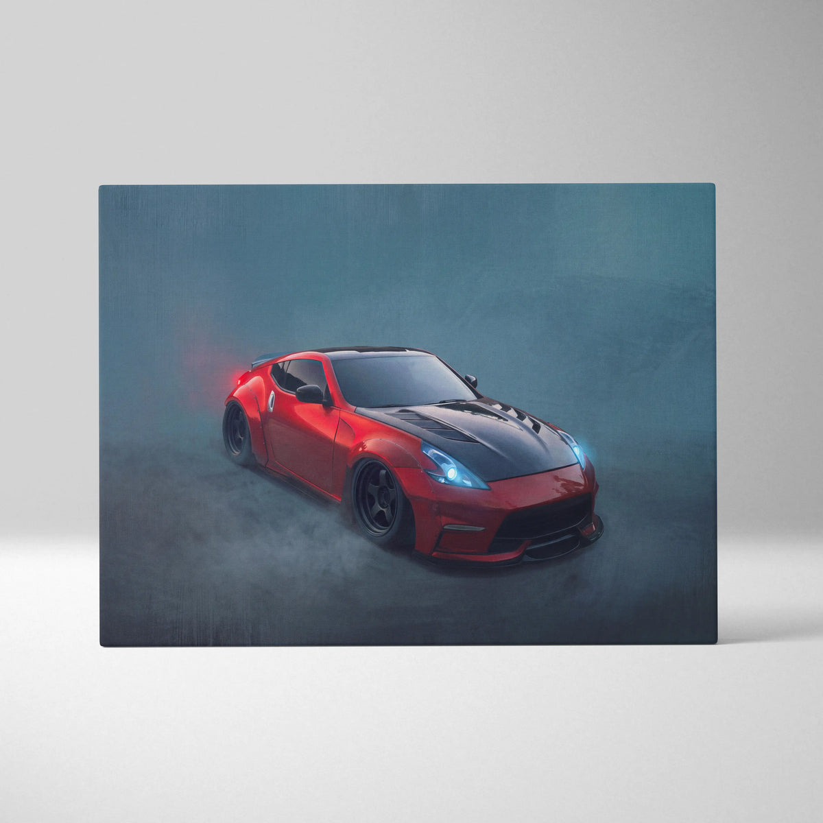 Nissan 370Z inspired canvas art featuring a red and black widebody sports car with glowing blue headlights