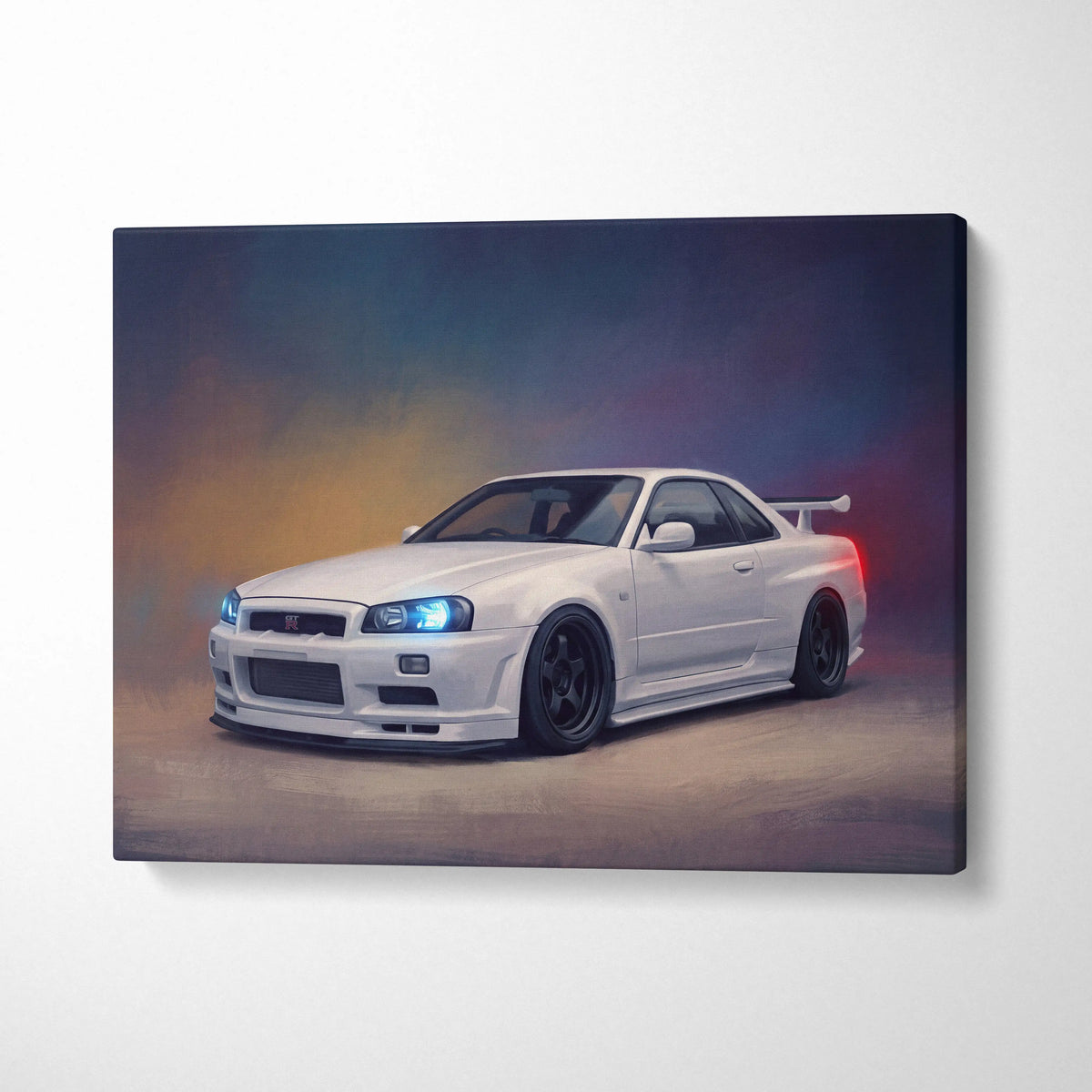 White nissan skyline gt-r r34 canvas print with glowing blue headlights and red taillight accent for automotive wall art