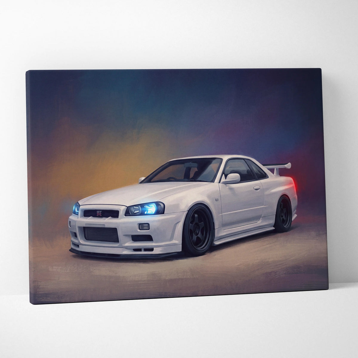 White nissan skyline gt-r r34 canvas print featuring glowing blue headlights and black rear spoiler wall art