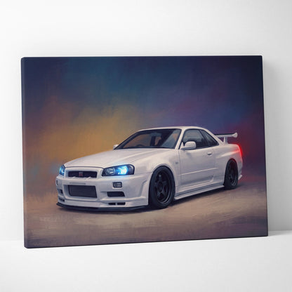 White nissan skyline gt-r r34 canvas print featuring glowing blue headlights and black rear spoiler wall art