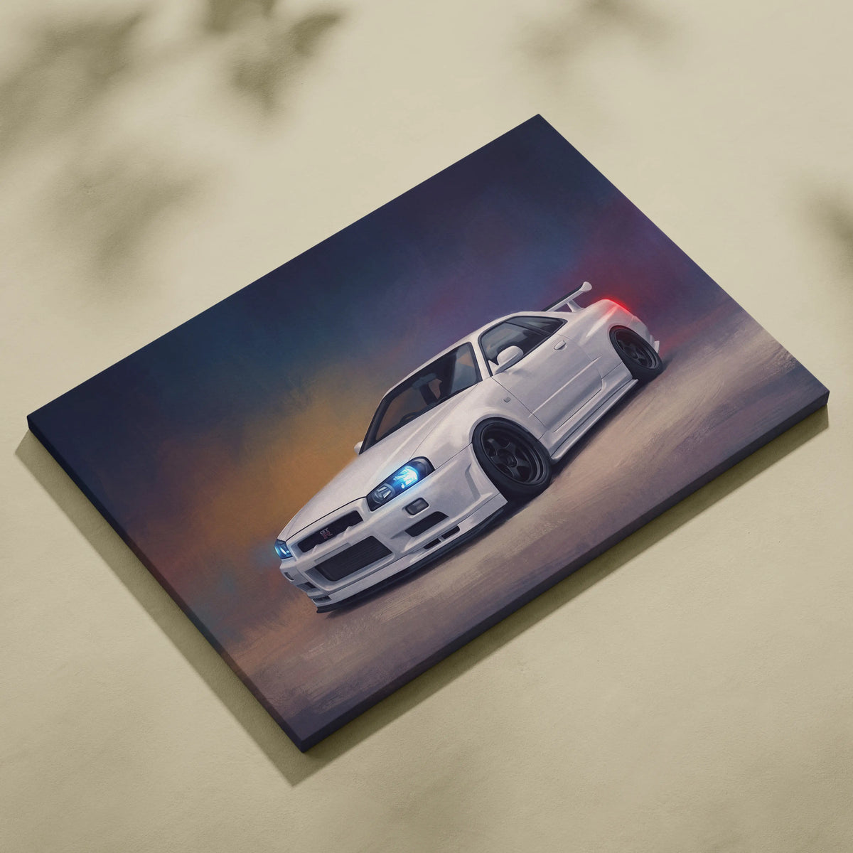 White nissan skyline gt-r r34 canvas print with glowing blue headlights and red taillights against twilight sky wall art