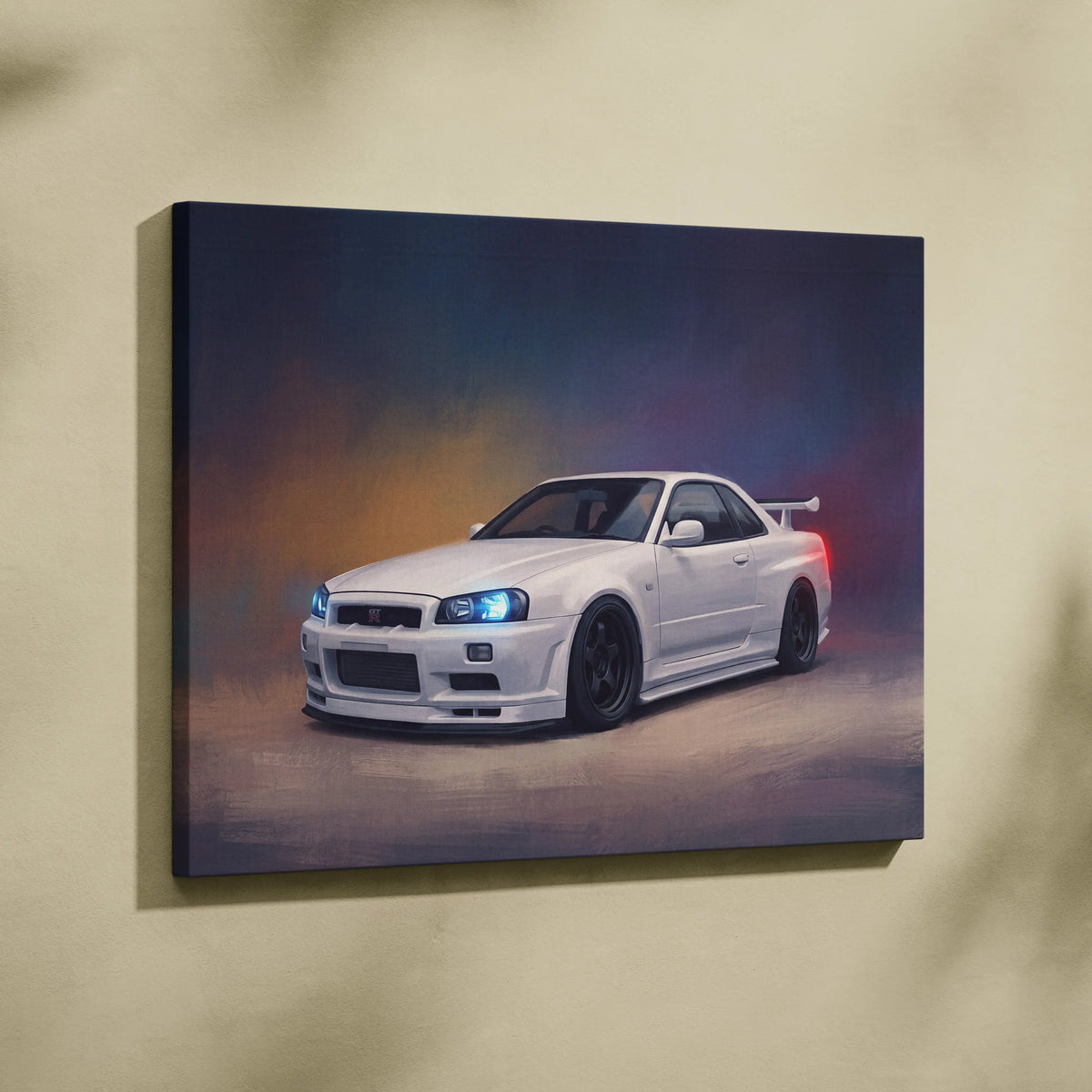 White nissan skyline gt-r r34 canvas print with glowing blue headlights featuring sleek sporty design wall art