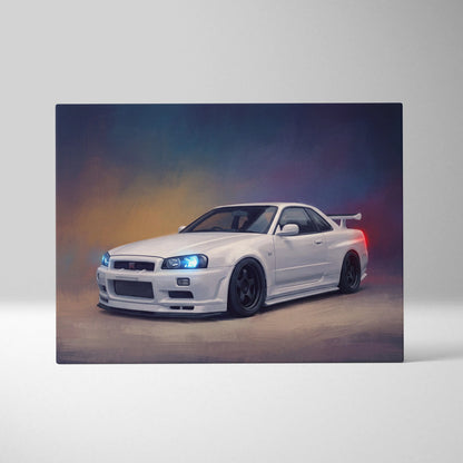 White nissan skyline gt-r r34 inspired automotive wall art canvas print with glowing blue headlights and sleek design