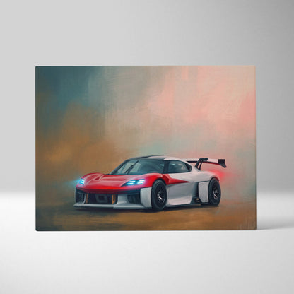 Porsche mission r inspired car wall art featuring a red and white futuristic race car with glowing blue headlights