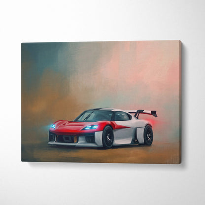 Porsche Mission R inspired red and white racing car canvas print with glowing blue headlights for wall art