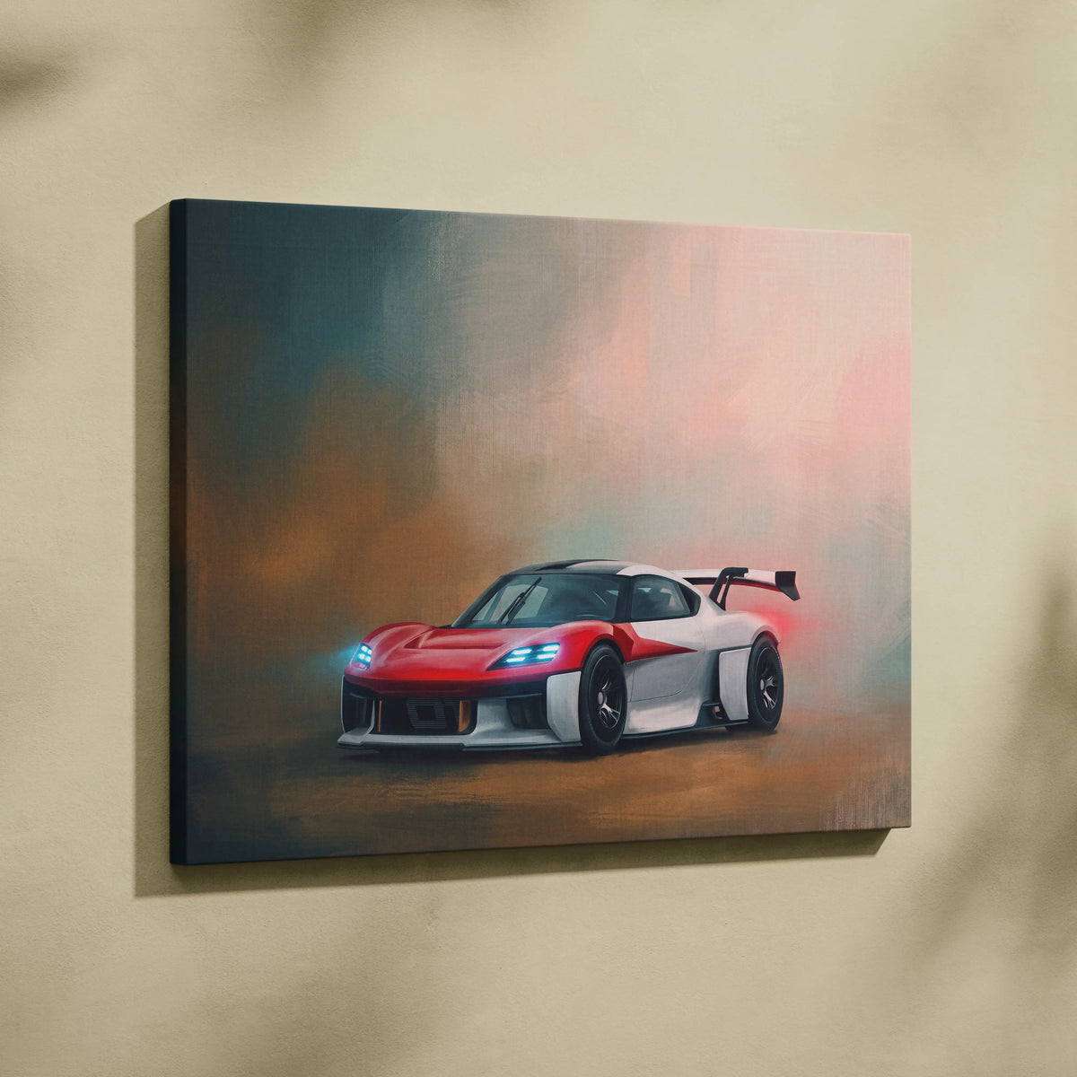 Red and white Porsche mission r inspired racing car canvas print featuring sleek aerodynamic design for wall art