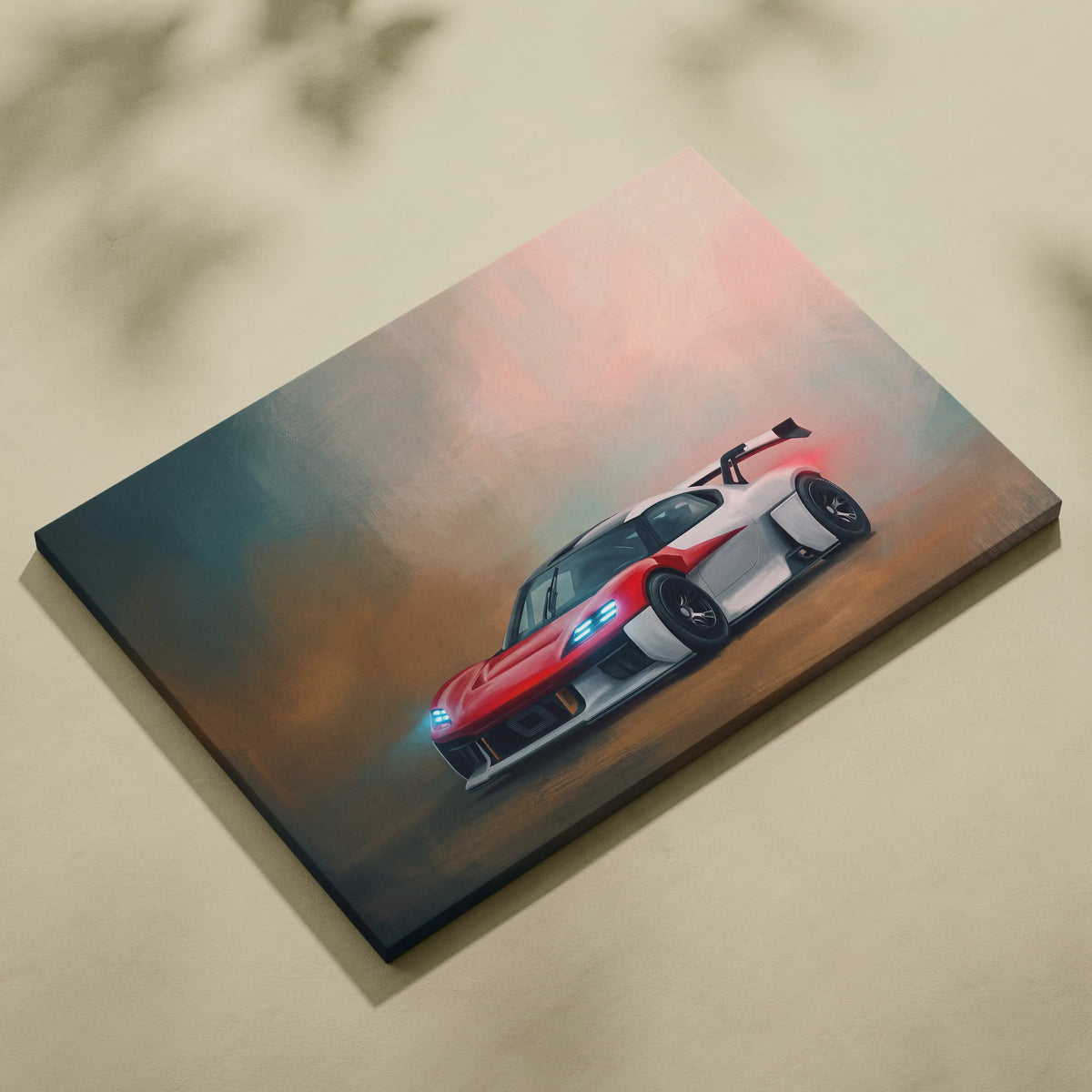 Porsche Mission R inspired red and white racing car canvas print with sleek aerodynamic design for wall art