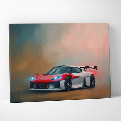 Red and white futuristic sports car canvas painting print inspired by porsche mission r track edition wall art