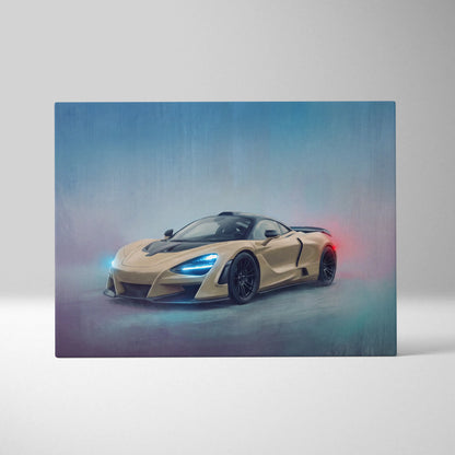 McLaren 765LT inspired supercar canvas art featuring a sleek gold McLaren 720s with blue headlights and black accents