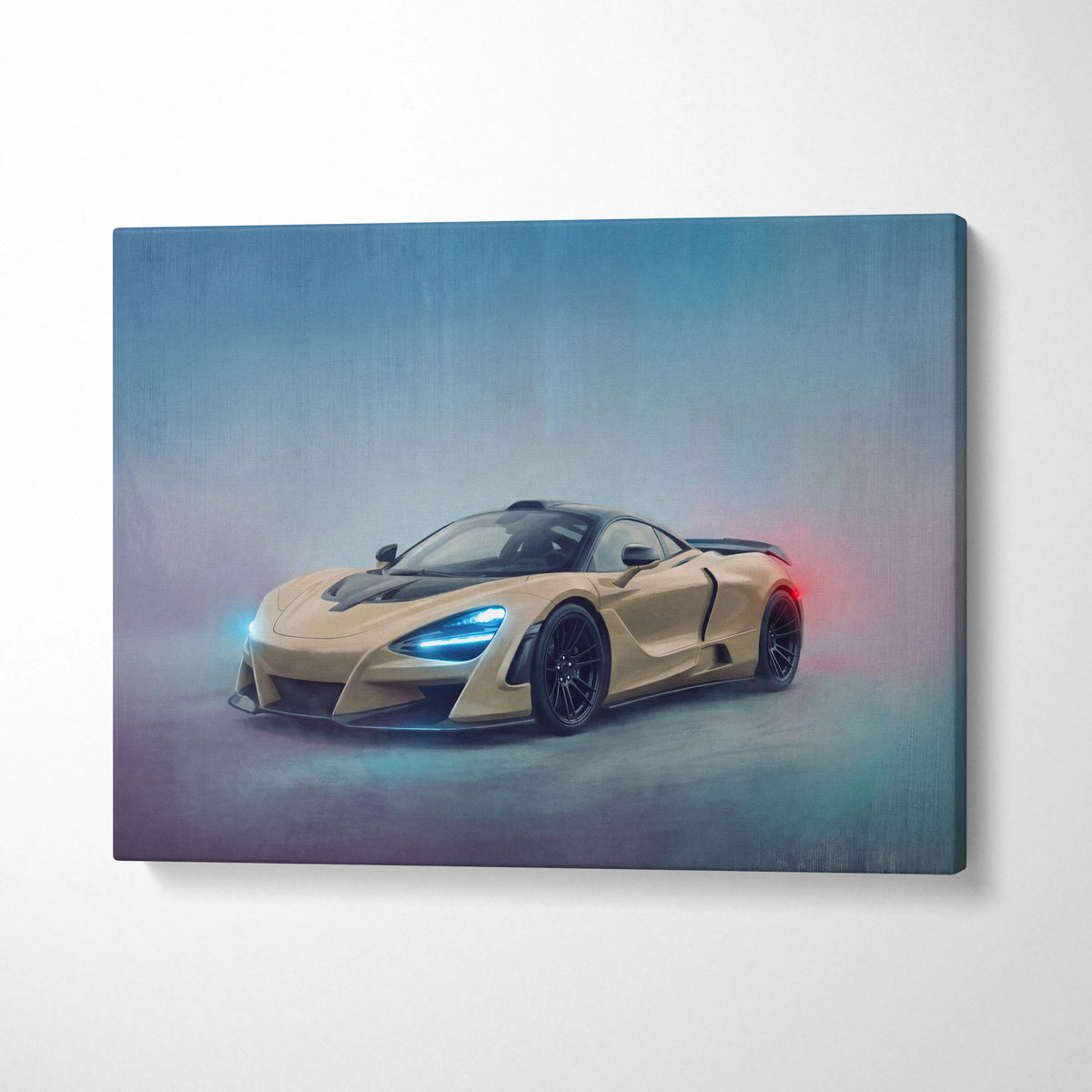 A sleek gold McLaren 720s sports car with blue headlights in dynamic pose on canvas art wall print