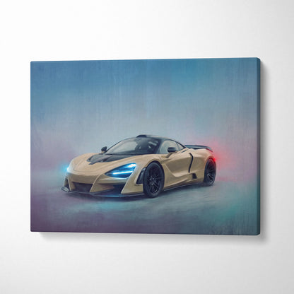 A sleek gold McLaren 720s sports car with blue headlights in dynamic pose on canvas art wall print