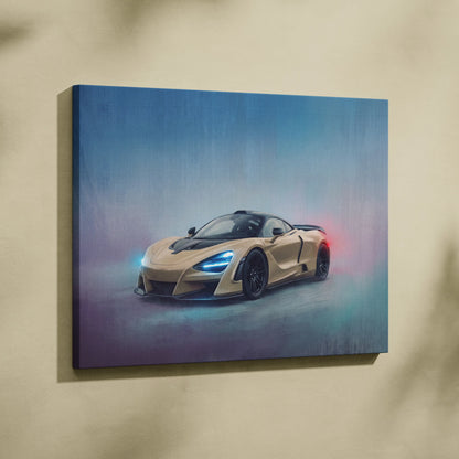 Mclaren 765lt inspired canvas art print featuring a gold mclaren 720s with blue headlights and red taillights on cool gradient