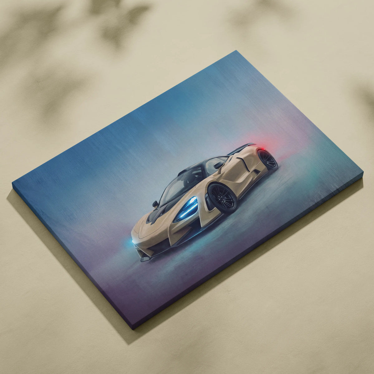 A canvas print featuring a beige McLaren 765LT inspired sports car with glowing blue and red accents wall art print