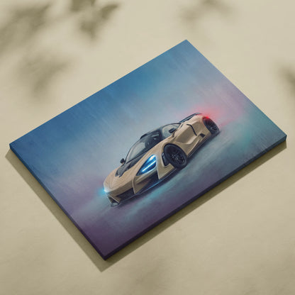 A canvas print featuring a beige McLaren 765LT inspired sports car with glowing blue and red accents wall art print