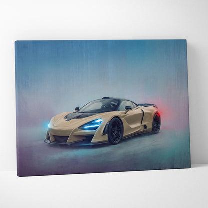 McLaren 765LT inspired supercar canvas art featuring a gold McLaren 720s with glowing blue headlights and red taillights
