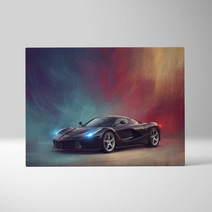 Black Ferrari LaFerrari inspired automotive wall art canvas print featuring glowing blue headlights and red accents