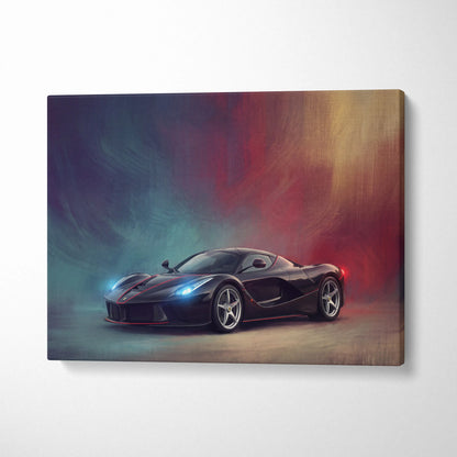 Black Ferrari LaFerrari sports car canvas print with glowing blue headlights and red accents on abstract background