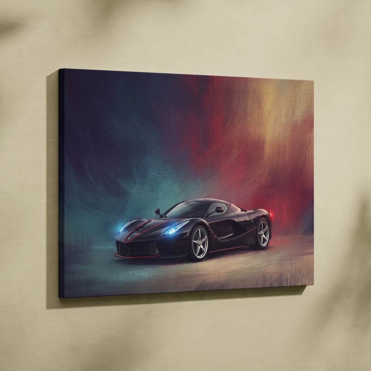 Black Ferrari LaFerrari sports car canvas print with glowing blue headlights and red accents on smoky background