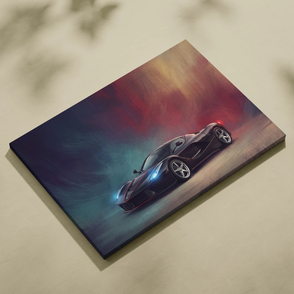Black ferrari laferrari canvas print with glowing blue and red accents on a dramatic gradient background luxury wall art