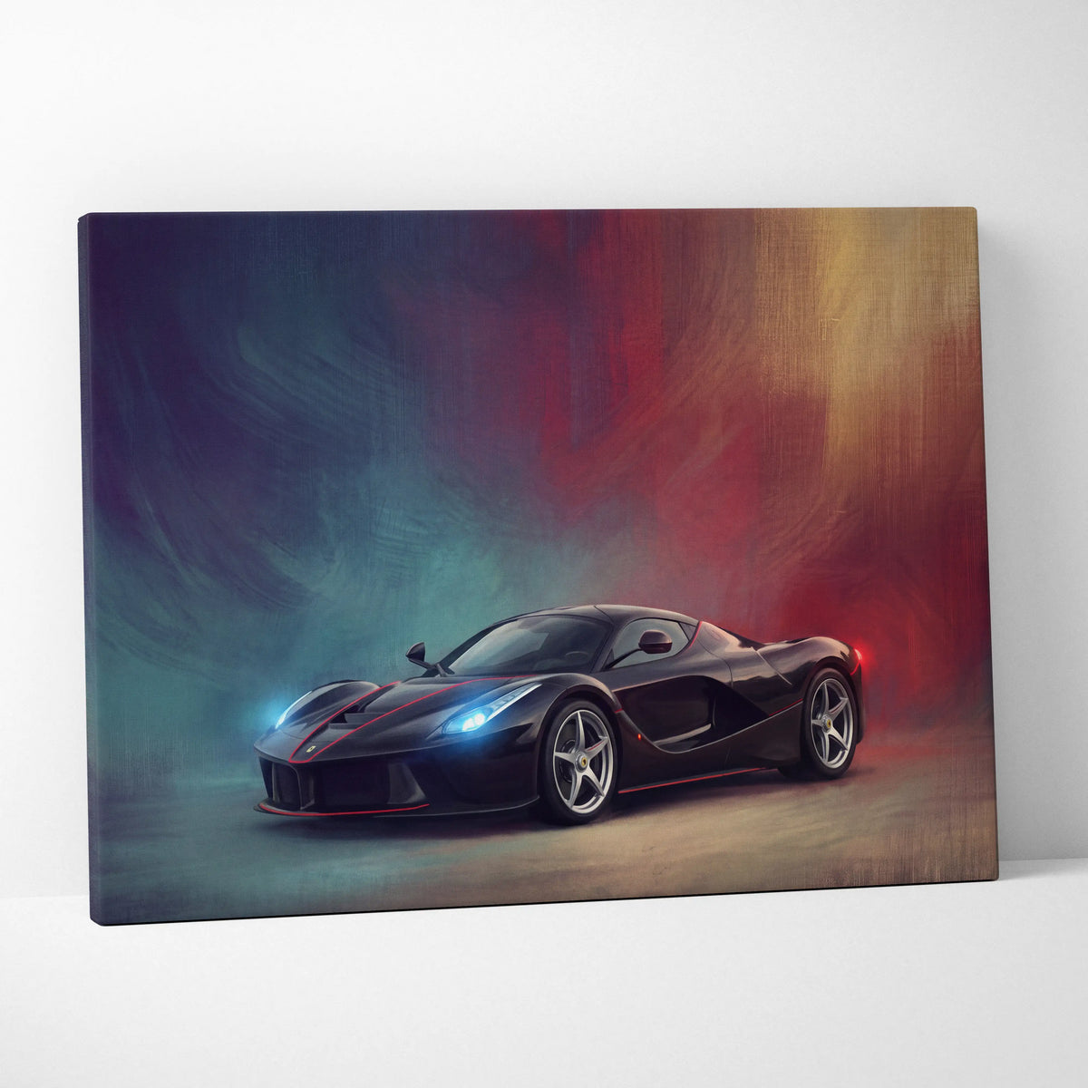 Black Ferrari LaFerrari sports car with red accents and glowing blue headlights on luxury supercar canvas print