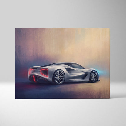 Lotus evija inspired canvas art featuring a silver futuristic sports car with glowing red taillights in stylized illustration