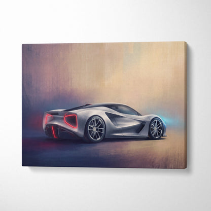 Lotus evija inspired premium canvas art featuring a silver futuristic sports car with glowing red taillights