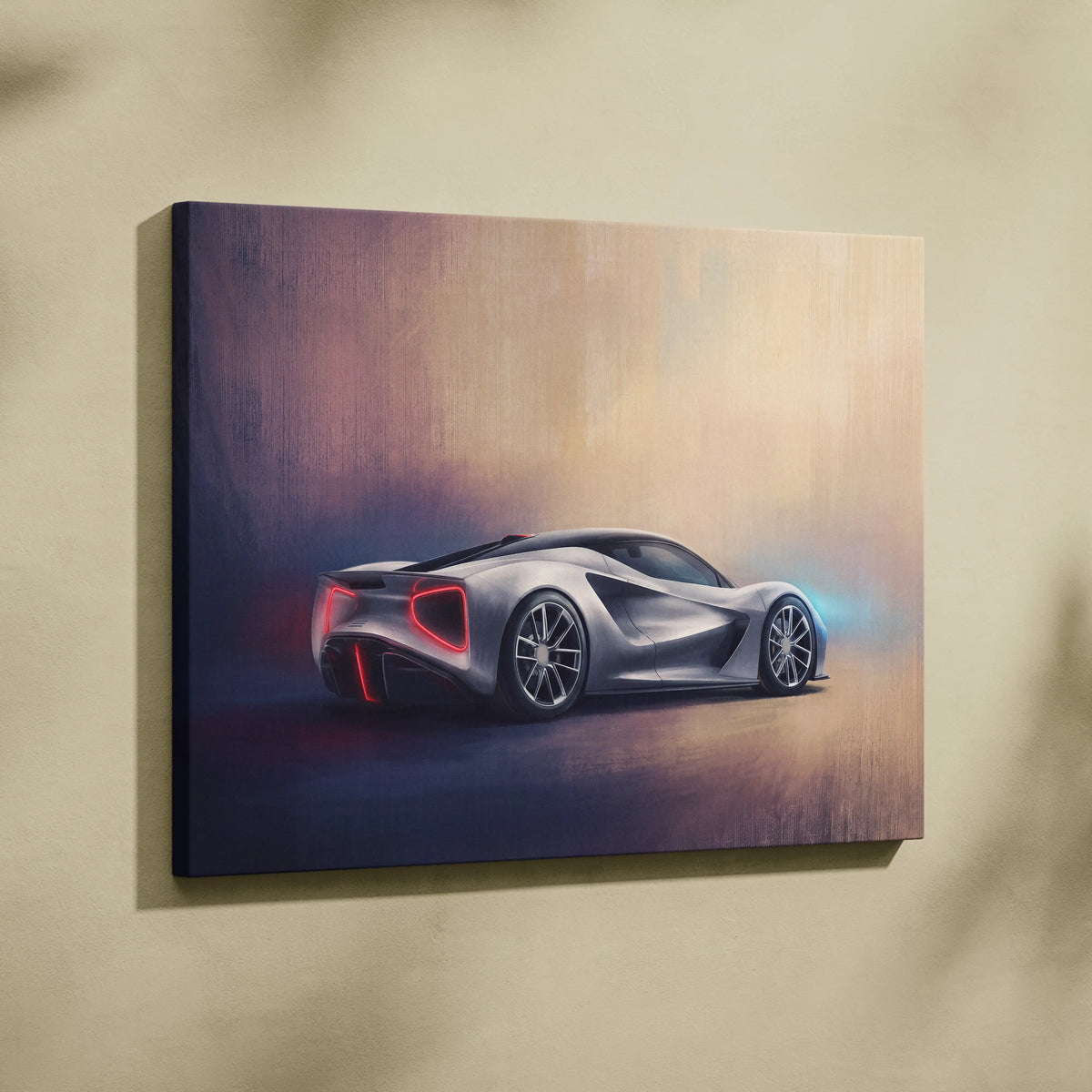 Silver futuristic sports car canvas print with glowing red and blue accents inspired by Lotus Evija premium wall decor