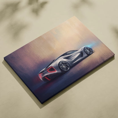 Silver lotus evija inspired canvas art showing a futuristic sports car with glowing red taillights and sleek design