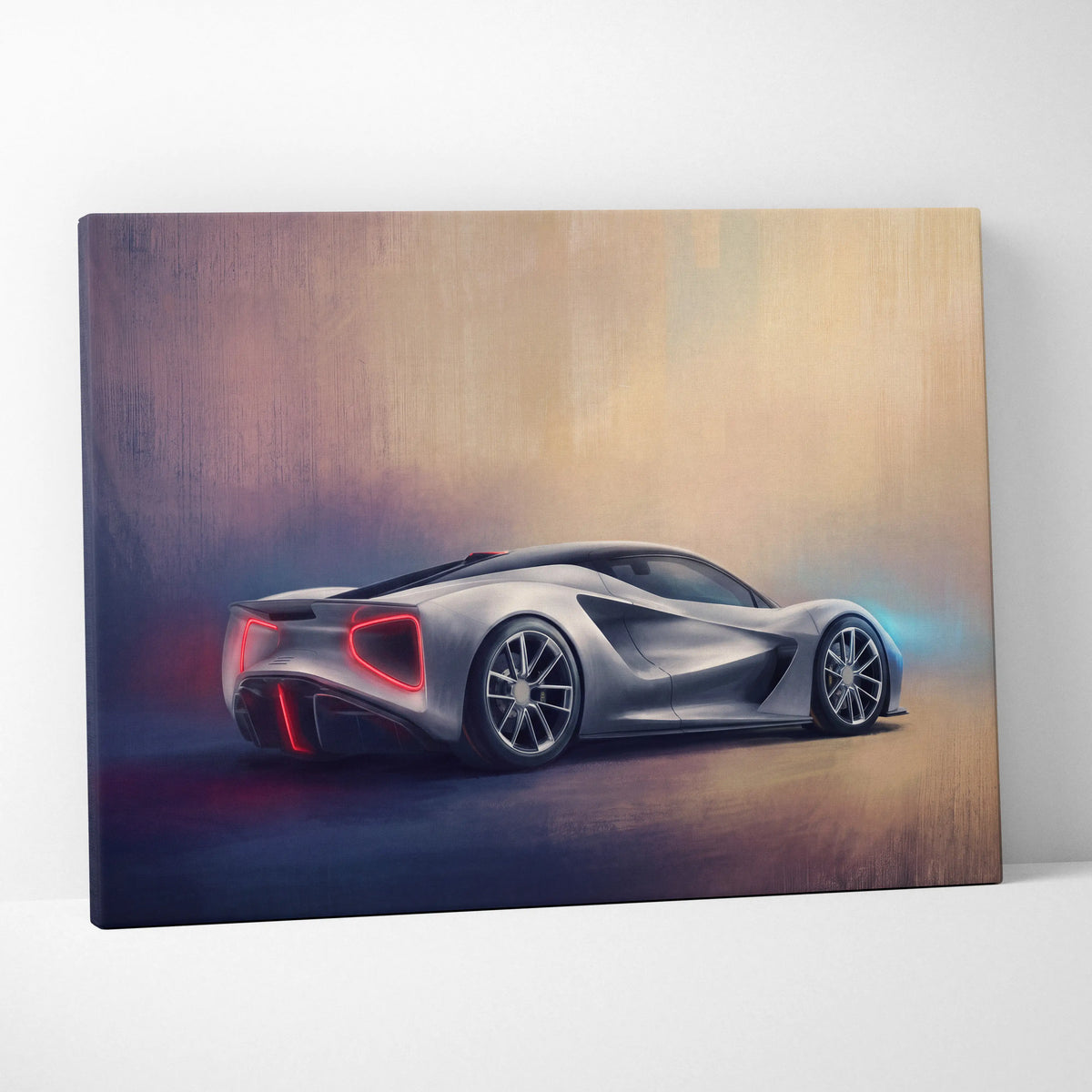Silver futuristic sports car canvas print with glowing red taillights inspired by lotus evija for premium wall decor