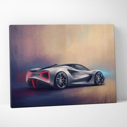 Silver futuristic sports car canvas print with glowing red taillights inspired by lotus evija for premium wall decor