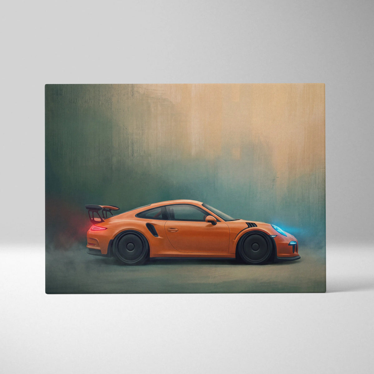 Vibrant orange porsche 911 gt3 rs canvas print with glowing blue and red accents track edition wall art