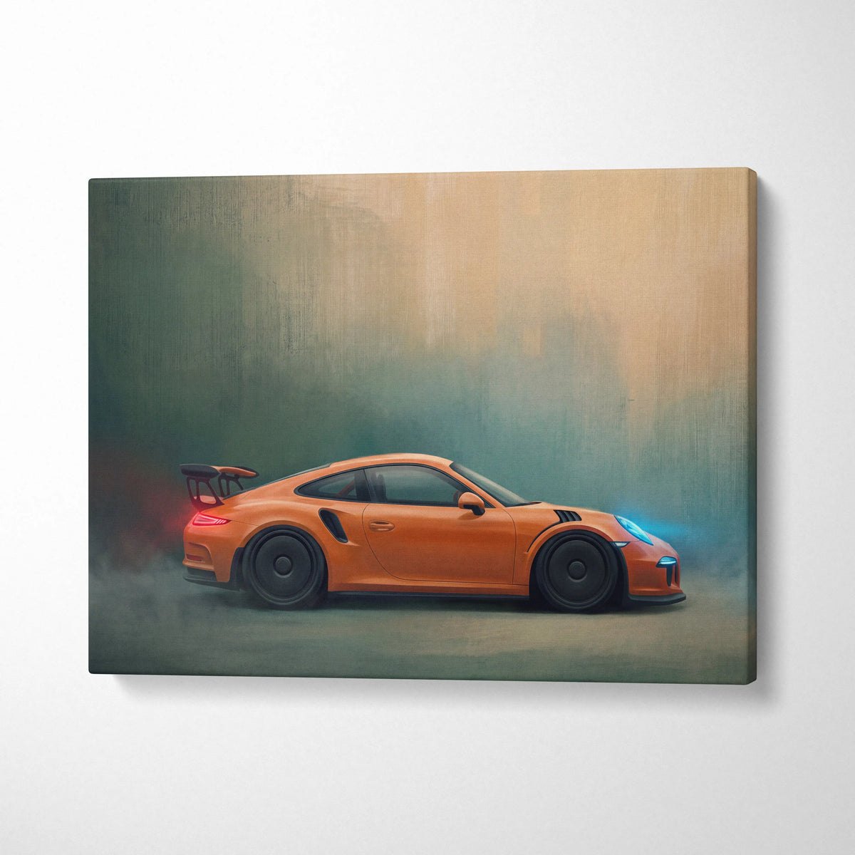 Orange Porsche 911 GT3 RS sports car canvas print featuring track edition wall art in vibrant colors