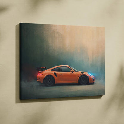 Orange Porsche 911 GT3 RS canvas print with black wheels and rear spoiler displayed on a wall as track edition art