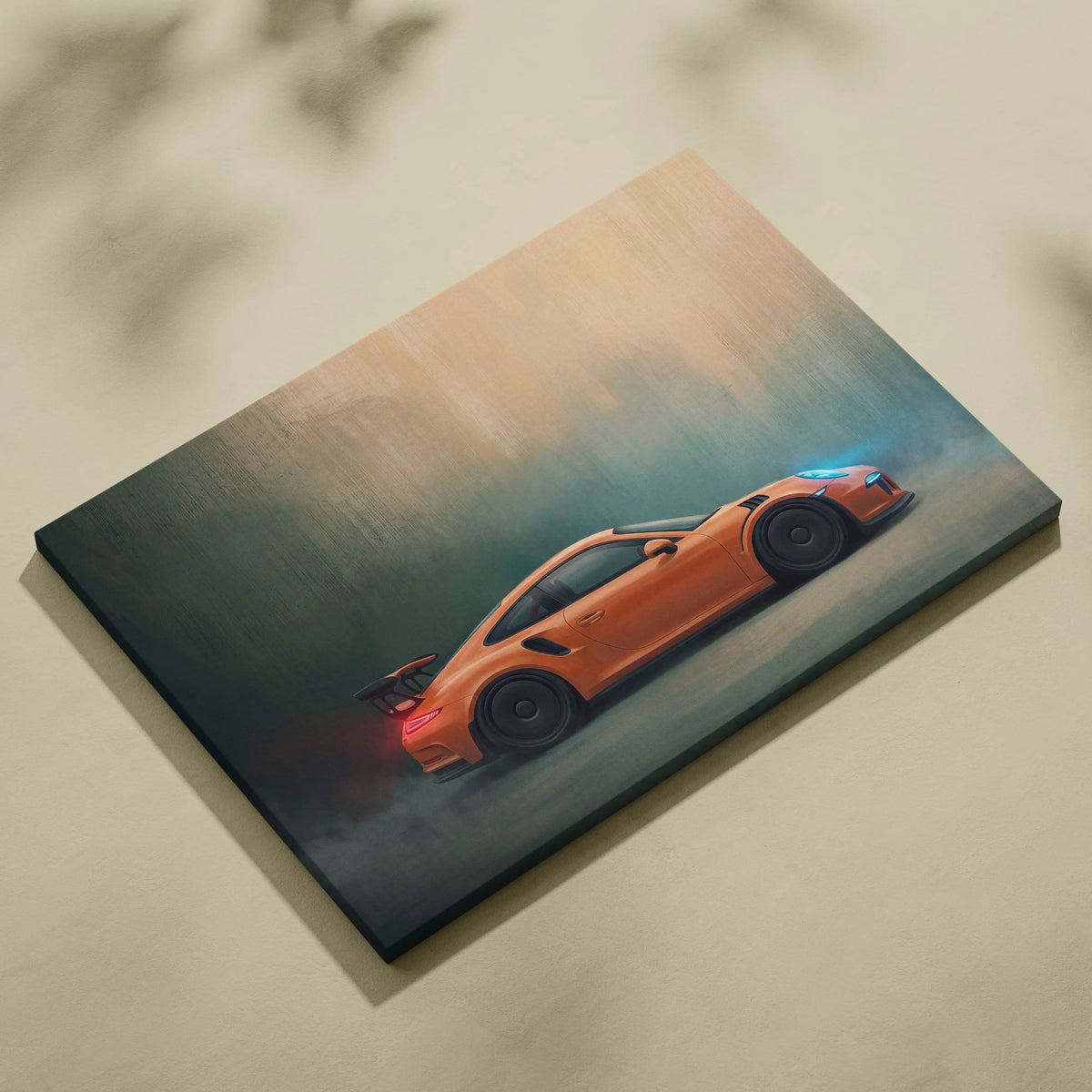 Orange Porsche 911 GT3 RS inspired sports car painting on canvas track edition wall art print