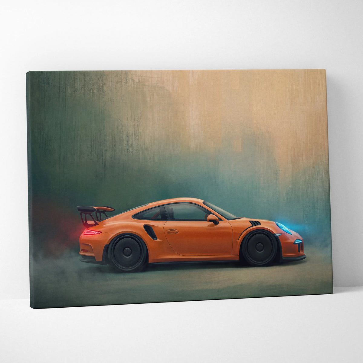 Vibrant orange porsche 911 gt3 rs inspired canvas print with glowing blue and red accents for car wall art