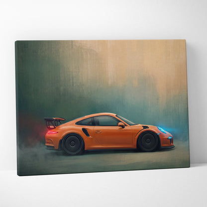 Vibrant orange porsche 911 gt3 rs inspired canvas print with glowing blue and red accents for car wall art