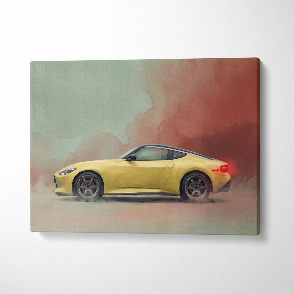 Nissan Z Inspired Automotive Wall Art - Yellow Sports Car Canvas Painting for Garage Decor