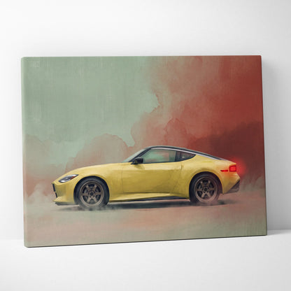 Nissan Z Inspired Automotive Wall Art - Yellow Sports Car Canvas Painting for Garage Decor