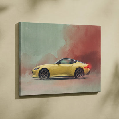 Nissan Z Inspired Automotive Wall Art - Yellow Sports Car Canvas Painting for Garage Decor