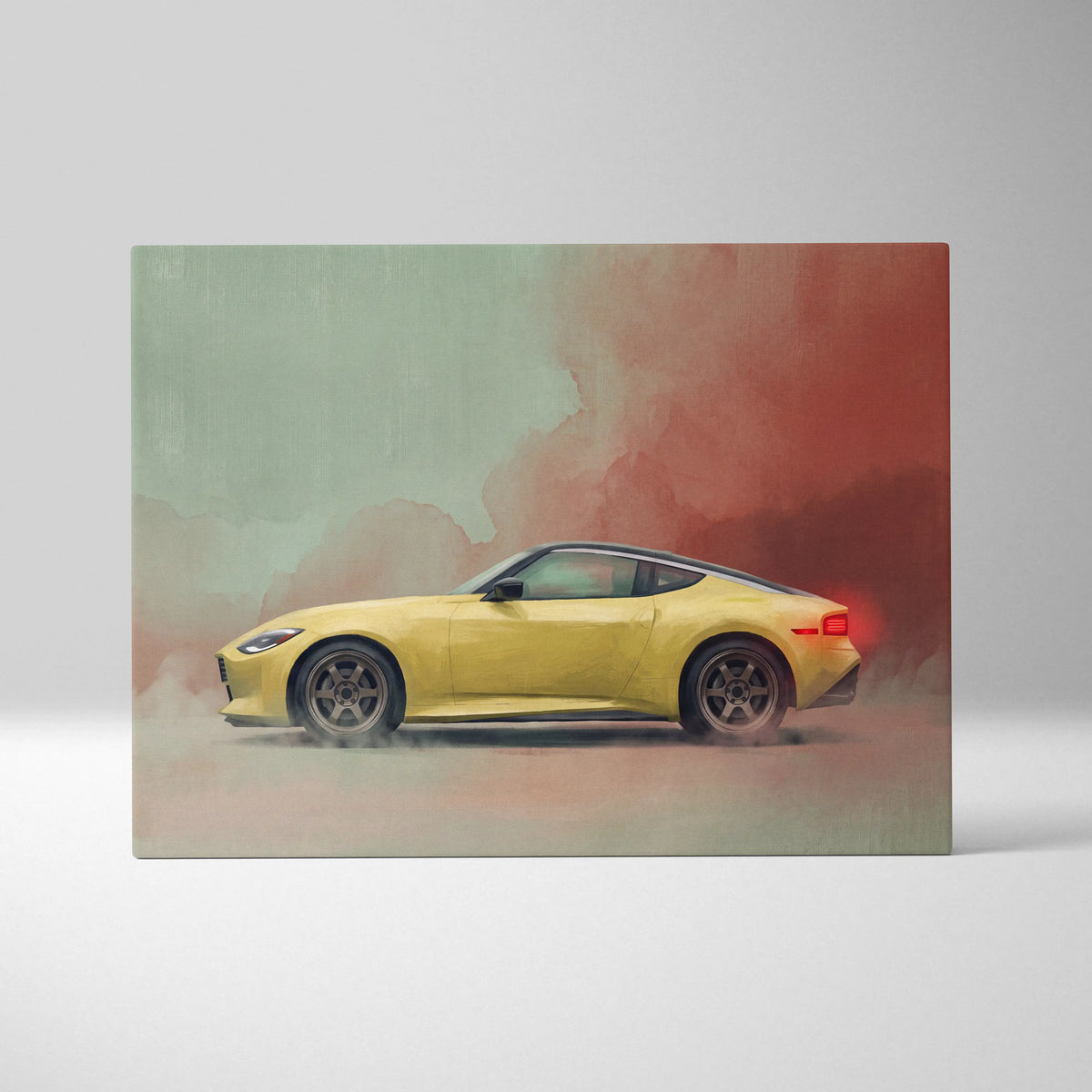 Nissan Z Inspired Automotive Wall Art - Yellow Sports Car Canvas Painting for Garage Decor